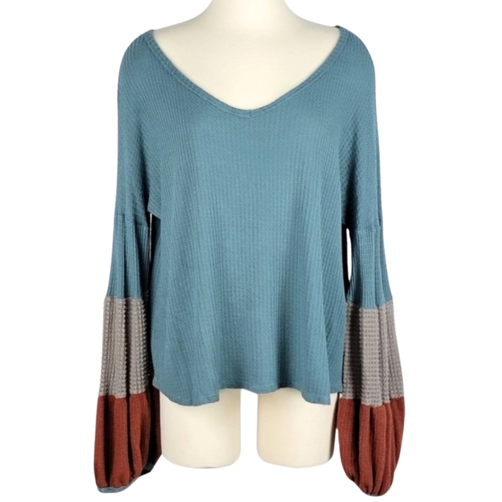 BiBi Womens Waffle Knit Sweater L Blue Oversized Lightweight Soft Boho Hippie